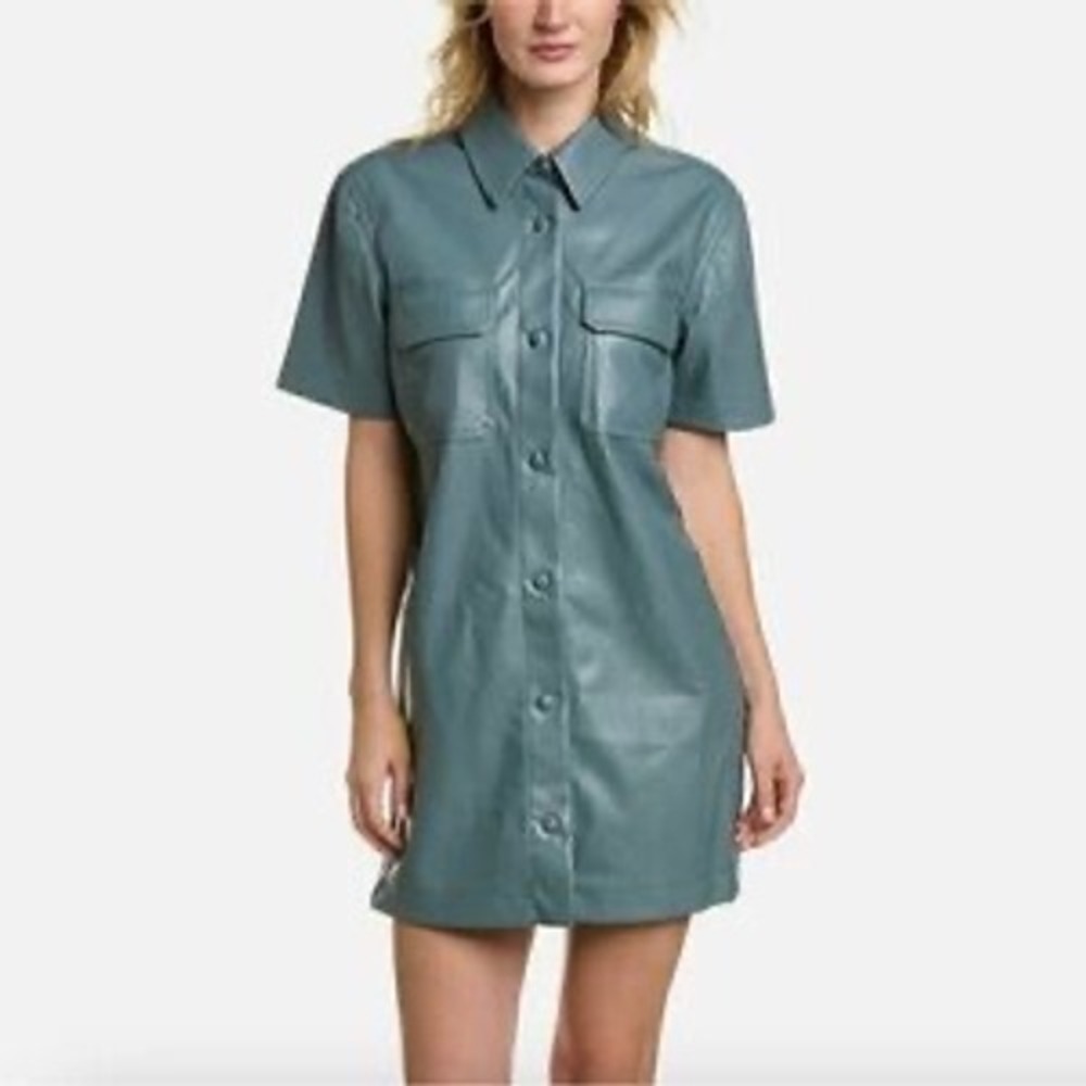 7‎ For All Mankind Faux Leather Short Sleeve Shirt Dress Blue XS